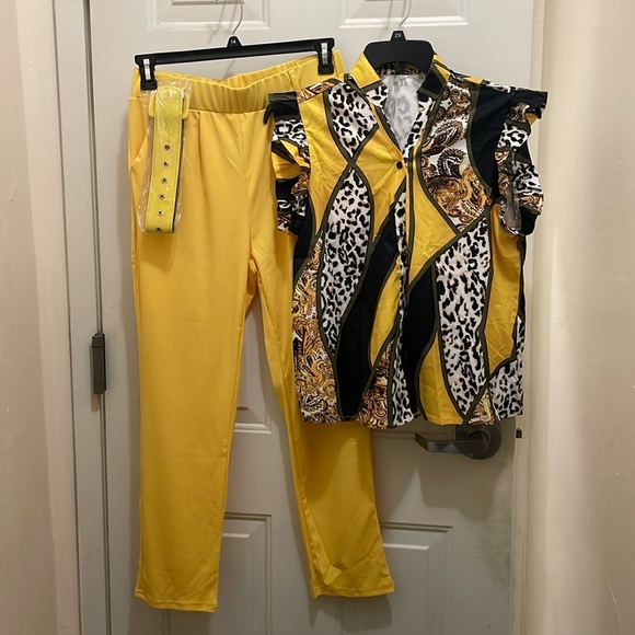 Women’s NWOT 3 piece Yellow pants set with pocket ,belt; Size XL 100% polyester - Picture 1 of 5